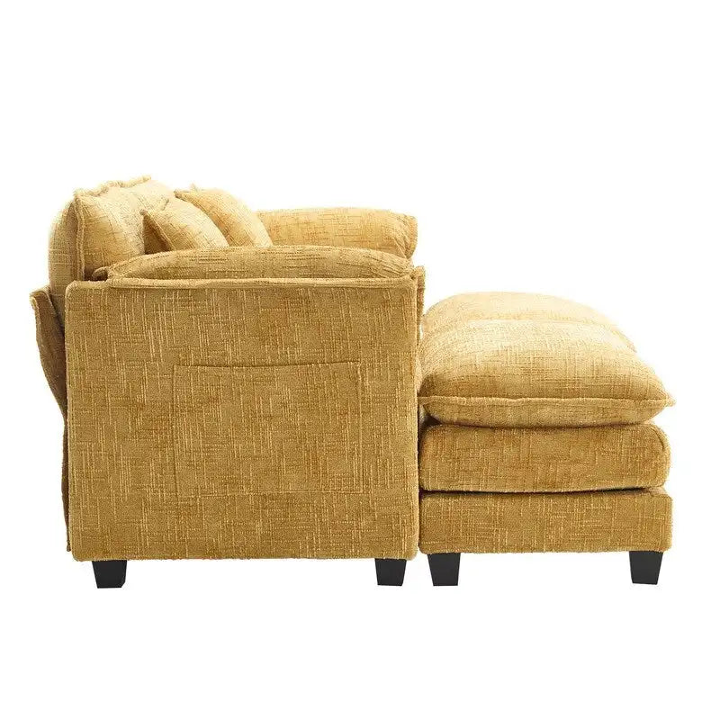 Canapé 76,77 en chenille avec 2 poufs