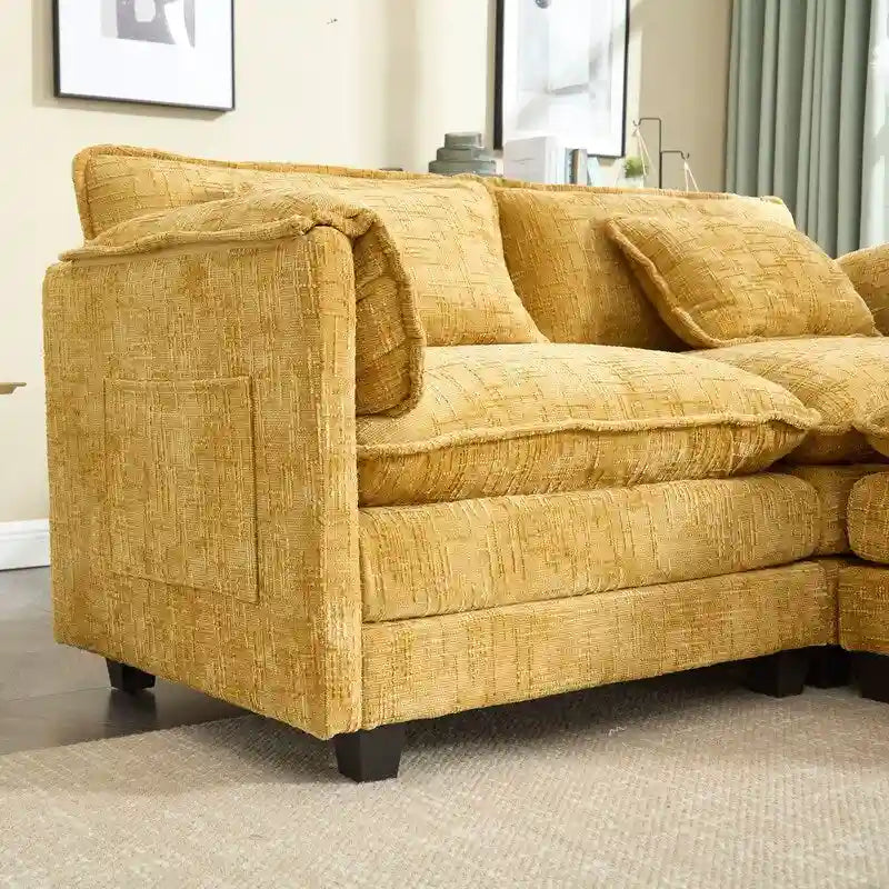 Canapé 76,77 en chenille avec 2 poufs