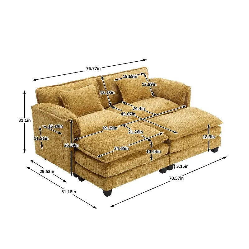 Canapé 76,77 en chenille avec 2 poufs
