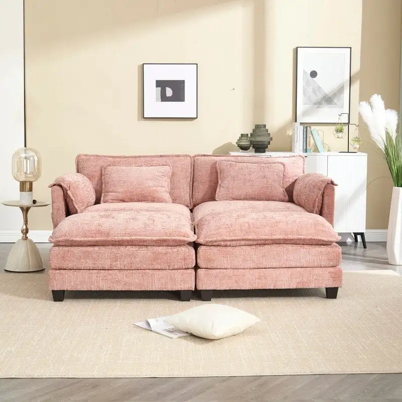 Canapé 76,77 en chenille avec 2 poufs