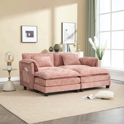 Canapé 76,77 en chenille avec 2 poufs