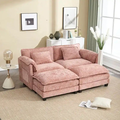Canapé 76,77 en chenille avec 2 poufs