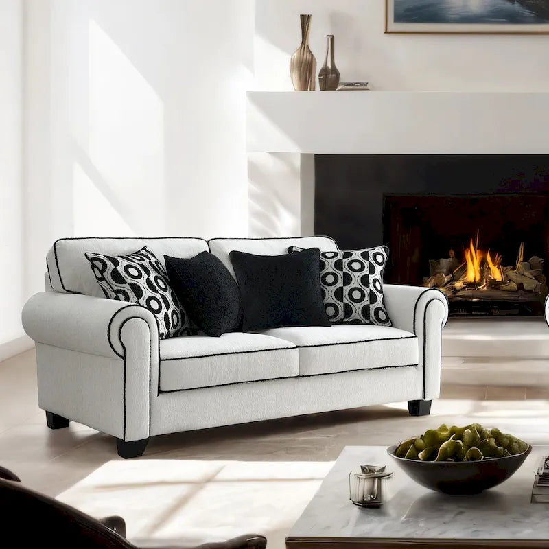 Canapé deux places moderne Anastasia en chenille blanche avec coussins décoratifs, de Furniture of America