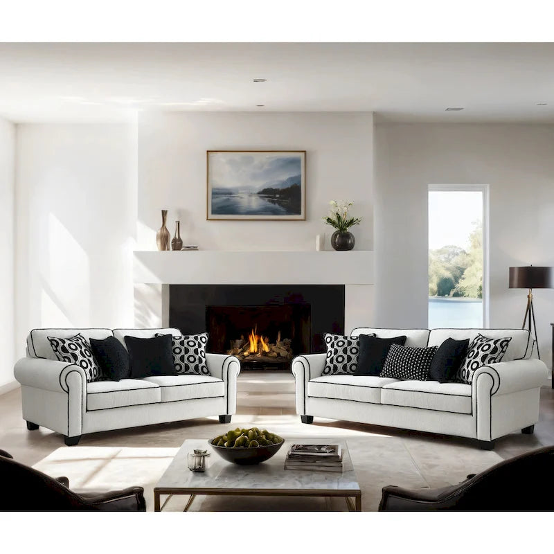 Canapé deux places moderne Anastasia en chenille blanche avec coussins décoratifs, de Furniture of America