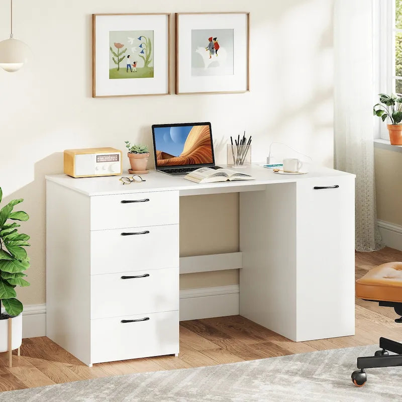 Bureau de 53 pouces pour la maison avec ports USB, prises de courant et tiroirs de rangement