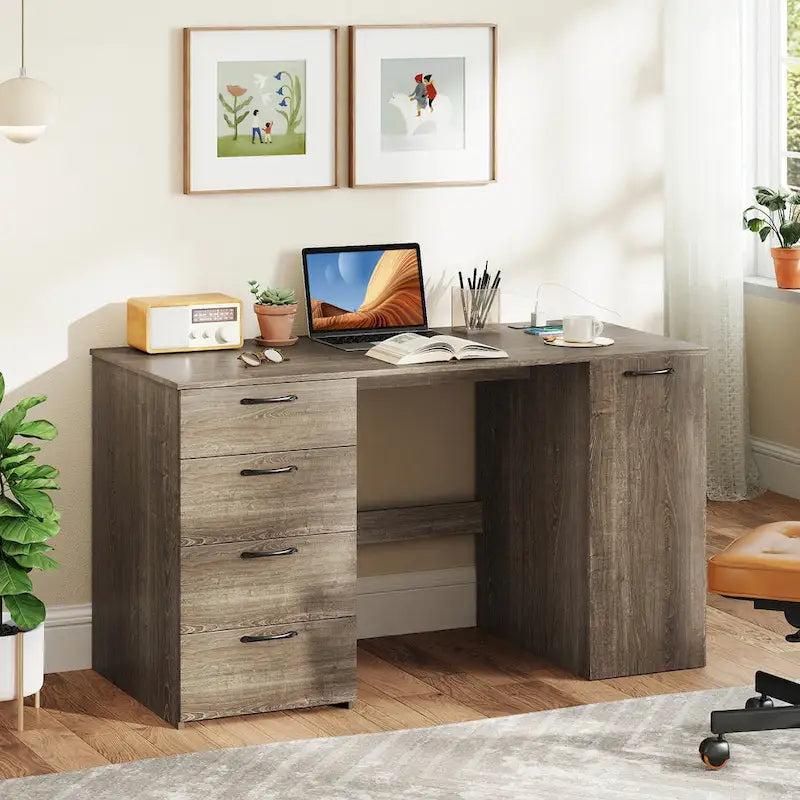 Bureau de 53 pouces pour la maison avec ports USB, prises de courant et tiroirs de rangement