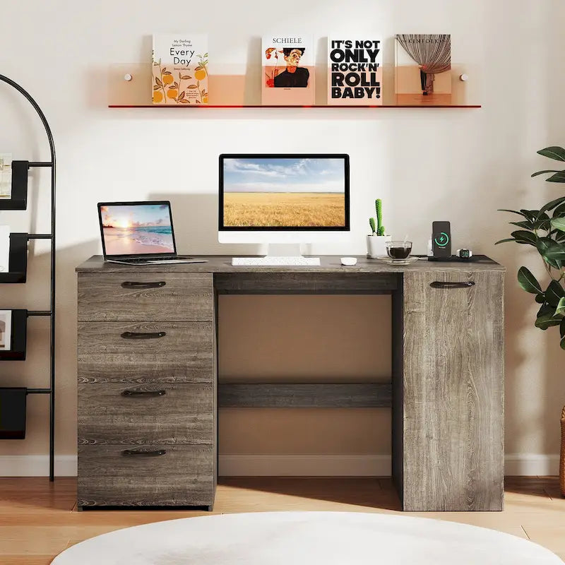 Bureau de 53 pouces pour la maison avec ports USB, prises de courant et tiroirs de rangement