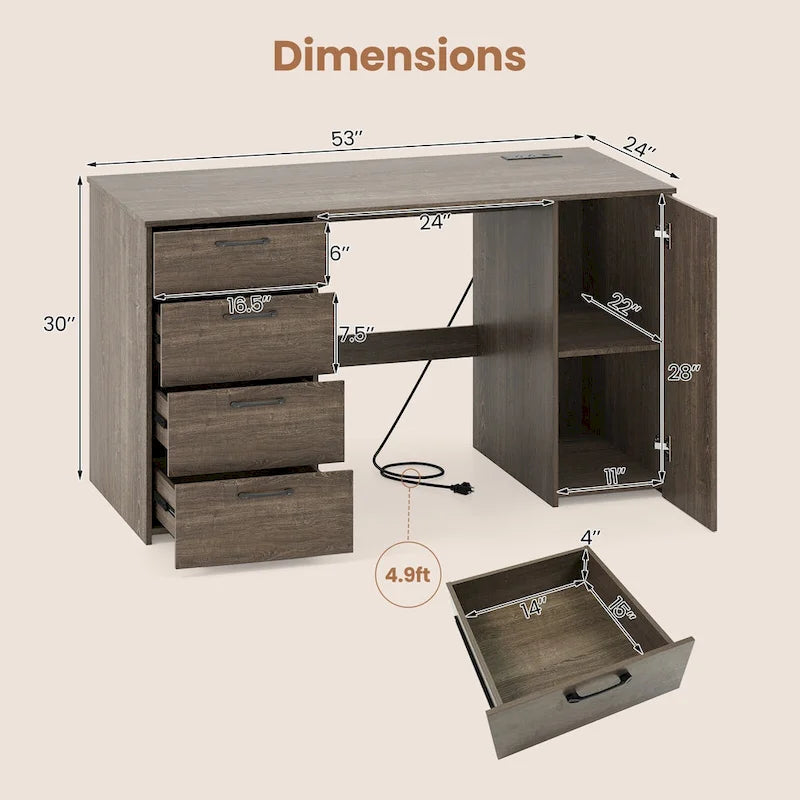 Bureau de 53 pouces pour la maison avec ports USB, prises de courant et tiroirs de rangement