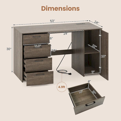 Bureau de 53 pouces pour la maison avec ports USB, prises de courant et tiroirs de rangement