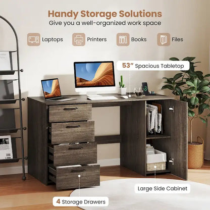 Bureau de 53 pouces pour la maison avec ports USB, prises de courant et tiroirs de rangement