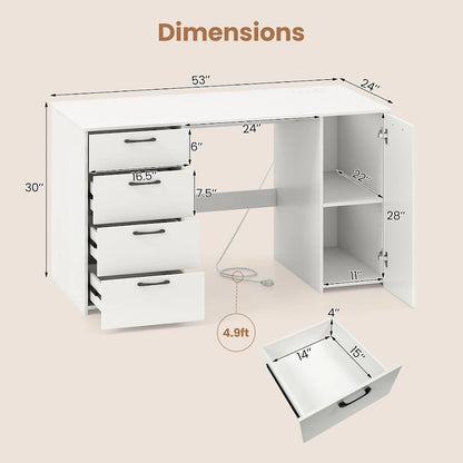 Bureau de 53 pouces pour la maison avec ports USB, prises de courant et tiroirs de rangement
