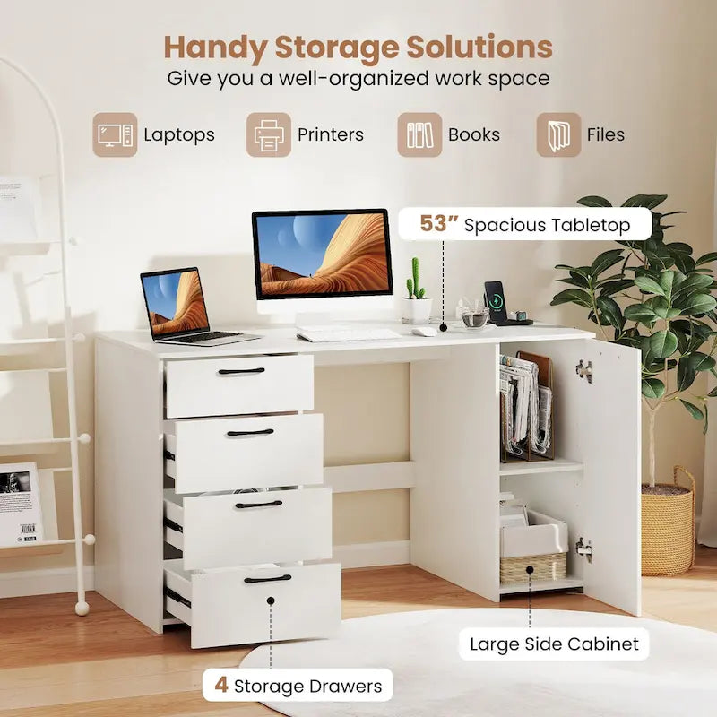 Bureau de 53 pouces pour la maison avec ports USB, prises de courant et tiroirs de rangement