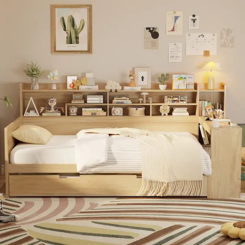 All-in-one Captains Bed Wooden Daybed U-shape Bookcase Bed with Pull-out Trundle Bed and Side Study Desk for Bedroom