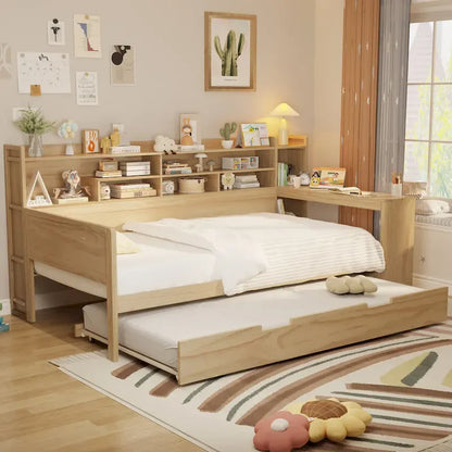 Lit capitaine tout-en-un en bois avec bibliothèque intégrée en forme de U, lit gigogne et bureau latéral pour chambre à coucher
