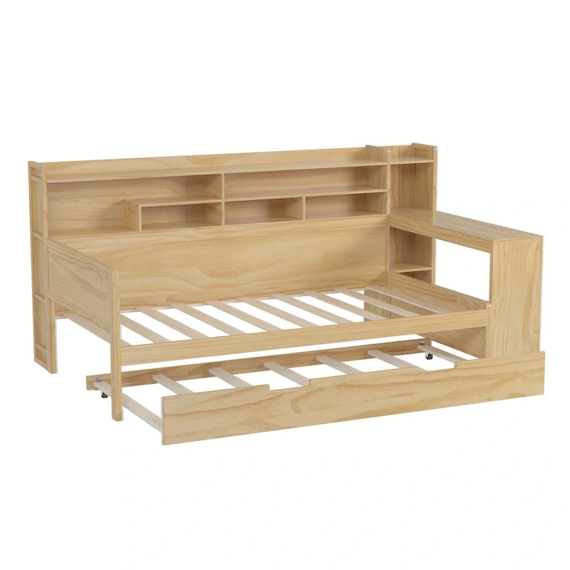 Lit capitaine tout-en-un en bois avec bibliothèque intégrée en forme de U, lit gigogne et bureau latéral pour chambre à coucher