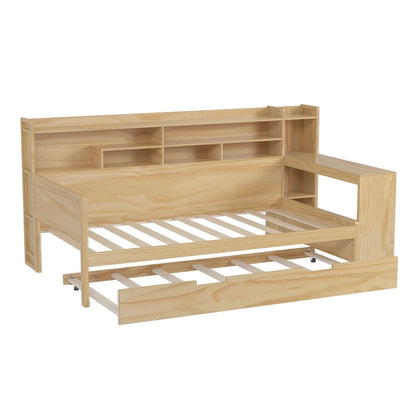 Lit capitaine tout-en-un en bois avec bibliothèque intégrée en forme de U, lit gigogne et bureau latéral pour chambre à coucher