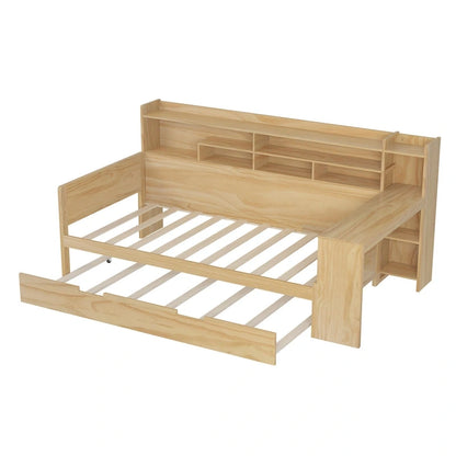 Lit capitaine tout-en-un en bois avec bibliothèque intégrée en forme de U, lit gigogne et bureau latéral pour chambre à coucher