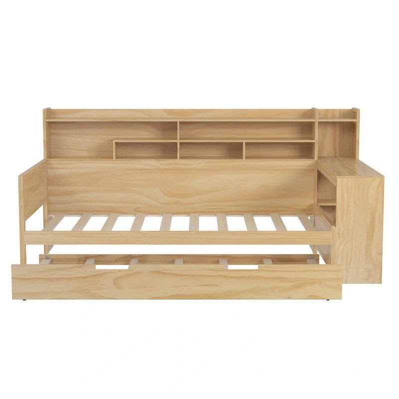 Lit capitaine tout-en-un en bois avec bibliothèque intégrée en forme de U, lit gigogne et bureau latéral pour chambre à coucher