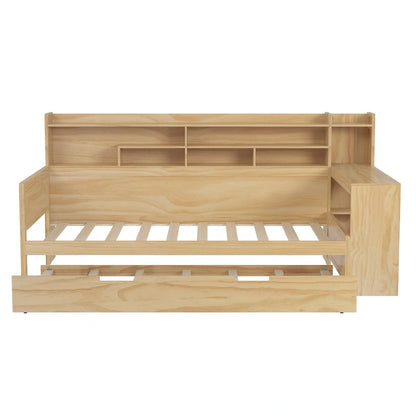 Lit capitaine tout-en-un en bois avec bibliothèque intégrée en forme de U, lit gigogne et bureau latéral pour chambre à coucher