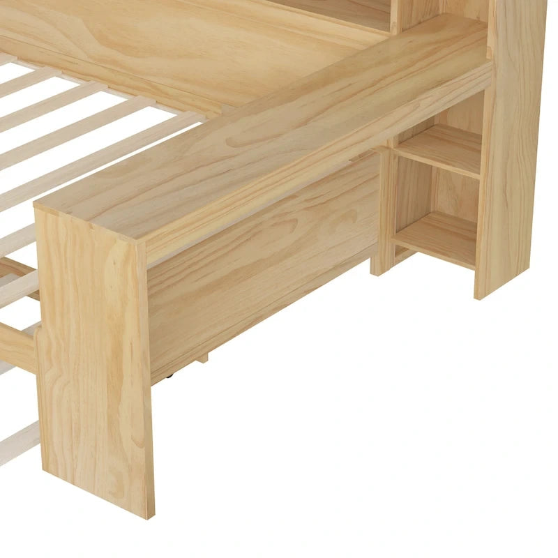 Lit capitaine tout-en-un en bois avec bibliothèque intégrée en forme de U, lit gigogne et bureau latéral pour chambre à coucher