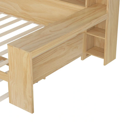 Lit capitaine tout-en-un en bois avec bibliothèque intégrée en forme de U, lit gigogne et bureau latéral pour chambre à coucher