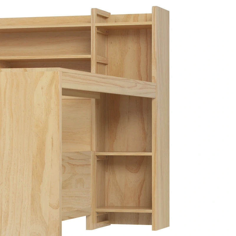 Lit capitaine tout-en-un en bois avec bibliothèque intégrée en forme de U, lit gigogne et bureau latéral pour chambre à coucher