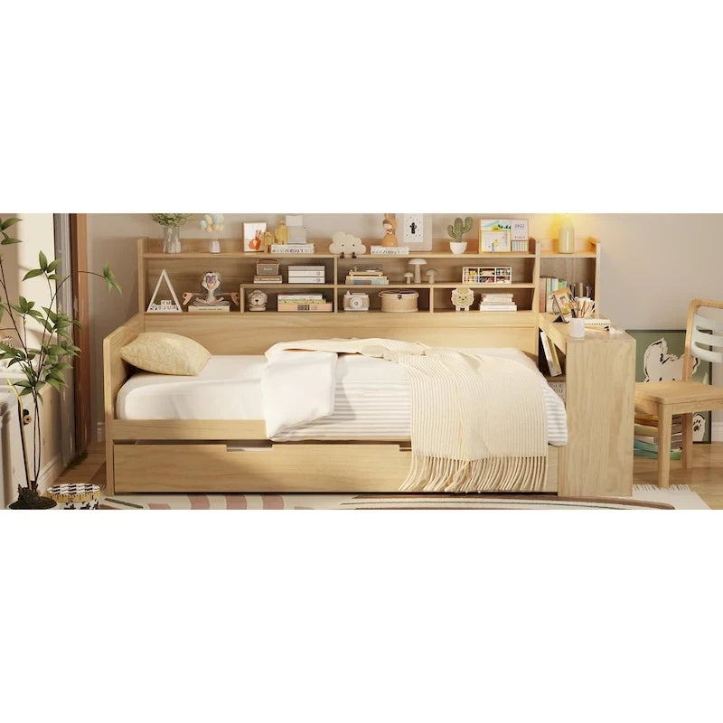 Lit capitaine tout-en-un en bois avec bibliothèque intégrée en forme de U, lit gigogne et bureau latéral pour chambre à coucher