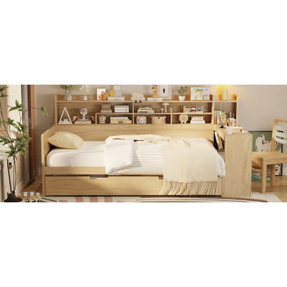 Lit capitaine tout-en-un en bois avec bibliothèque intégrée en forme de U, lit gigogne et bureau latéral pour chambre à coucher