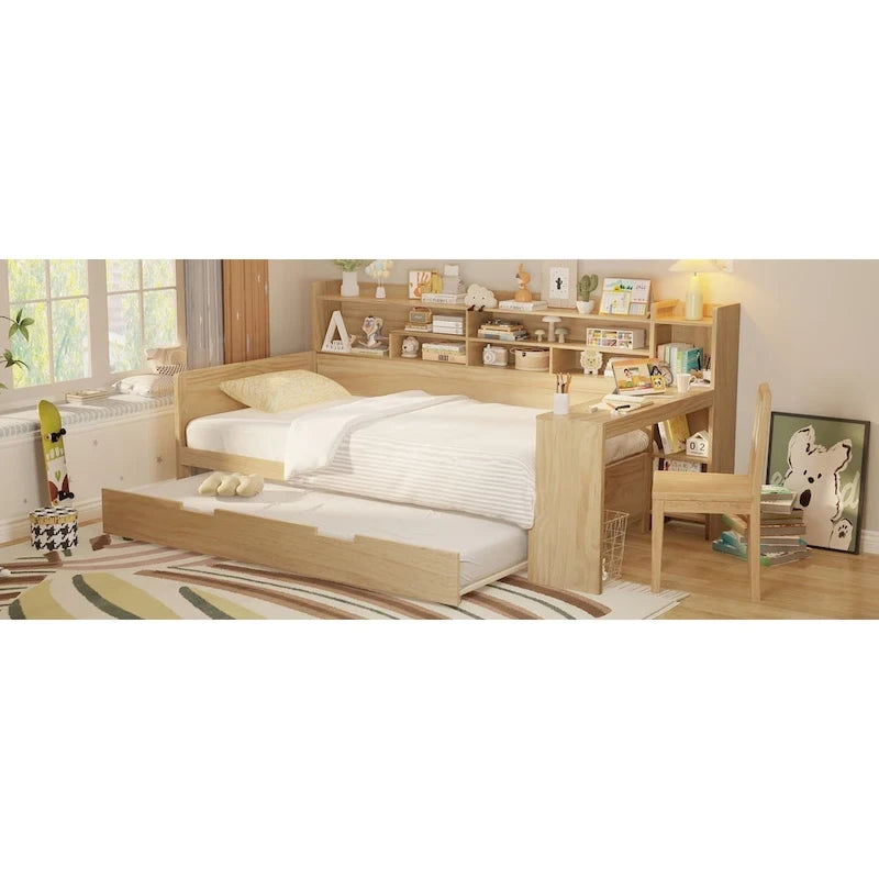 Lit capitaine tout-en-un en bois avec bibliothèque intégrée en forme de U, lit gigogne et bureau latéral pour chambre à coucher