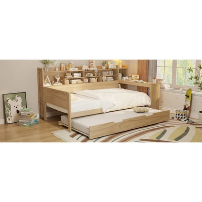 Lit capitaine tout-en-un en bois avec bibliothèque intégrée en forme de U, lit gigogne et bureau latéral pour chambre à coucher