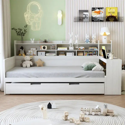 Lit capitaine tout-en-un en bois avec bibliothèque intégrée en forme de U, lit gigogne et bureau latéral pour chambre à coucher
