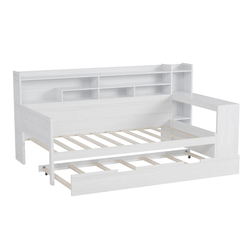 Lit capitaine tout-en-un en bois avec bibliothèque intégrée en forme de U, lit gigogne et bureau latéral pour chambre à coucher