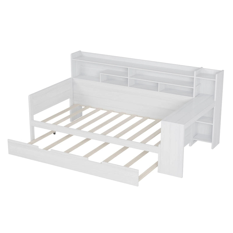 Lit capitaine tout-en-un en bois avec bibliothèque intégrée en forme de U, lit gigogne et bureau latéral pour chambre à coucher