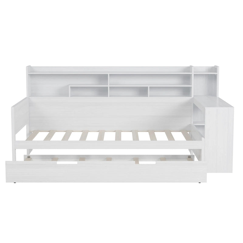 Lit capitaine tout-en-un en bois avec bibliothèque intégrée en forme de U, lit gigogne et bureau latéral pour chambre à coucher