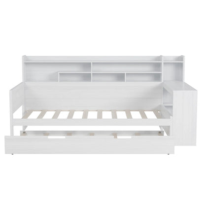Lit capitaine tout-en-un en bois avec bibliothèque intégrée en forme de U, lit gigogne et bureau latéral pour chambre à coucher