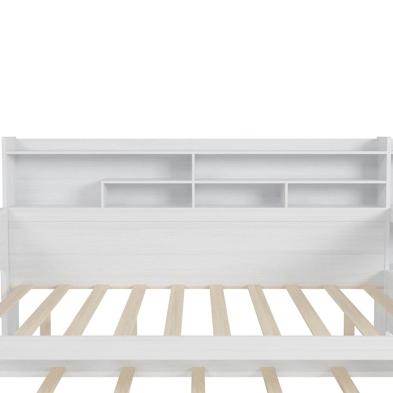 Lit capitaine tout-en-un en bois avec bibliothèque intégrée en forme de U, lit gigogne et bureau latéral pour chambre à coucher