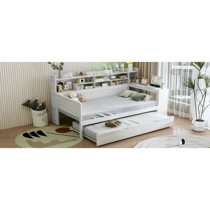 Lit capitaine tout-en-un en bois avec bibliothèque intégrée en forme de U, lit gigogne et bureau latéral pour chambre à coucher