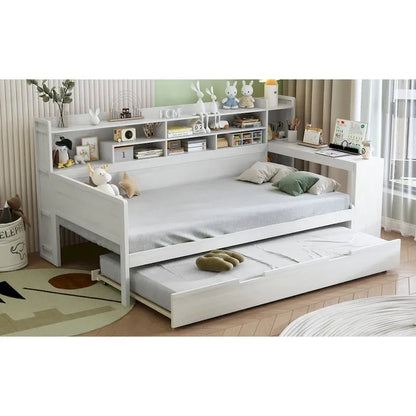 Lit capitaine tout-en-un en bois avec bibliothèque intégrée en forme de U, lit gigogne et bureau latéral pour chambre à coucher