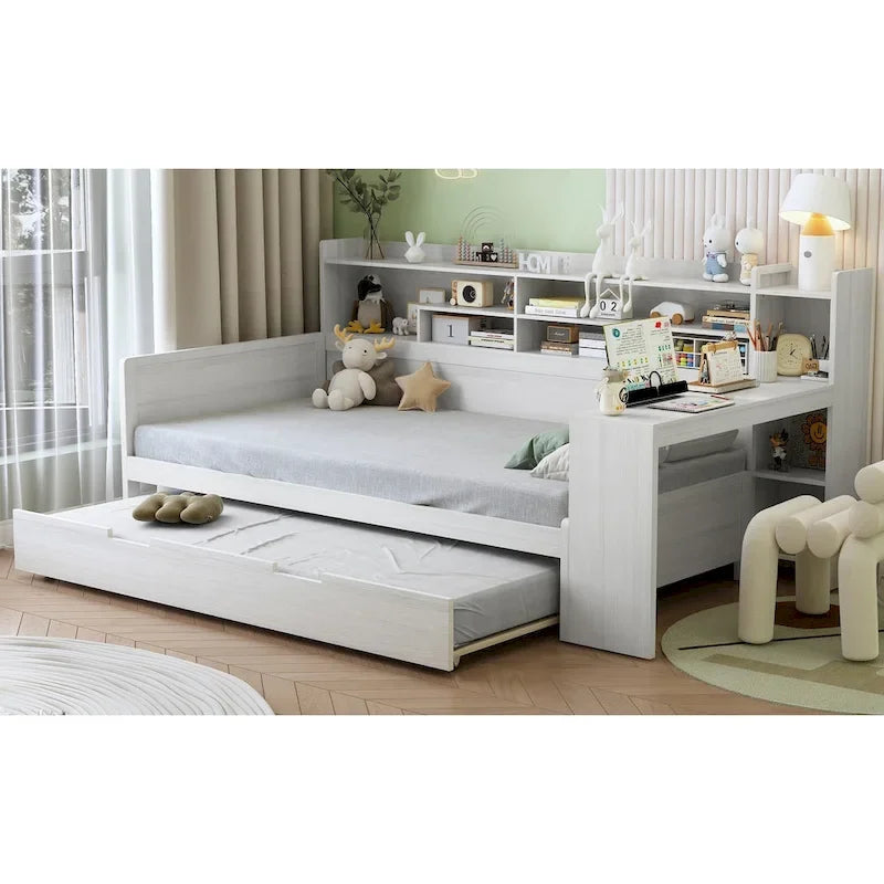 Lit capitaine tout-en-un en bois avec bibliothèque intégrée en forme de U, lit gigogne et bureau latéral pour chambre à coucher