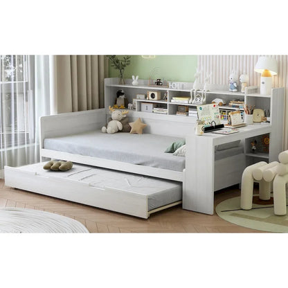 Lit capitaine tout-en-un en bois avec bibliothèque intégrée en forme de U, lit gigogne et bureau latéral pour chambre à coucher