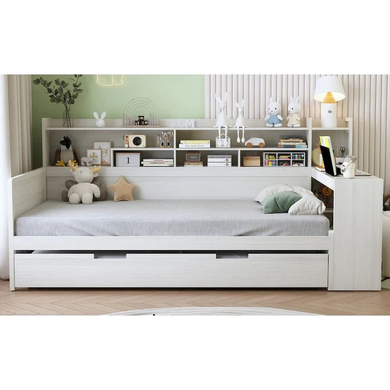 Lit capitaine tout-en-un en bois avec bibliothèque intégrée en forme de U, lit gigogne et bureau latéral pour chambre à coucher