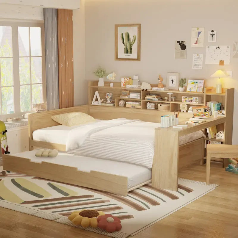Lit capitaine tout-en-un en bois avec bibliothèque intégrée en forme de U, lit gigogne et bureau latéral pour chambre à coucher