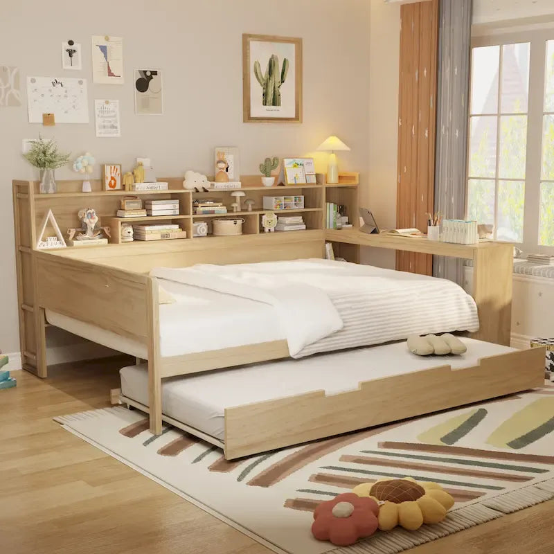 Lit capitaine tout-en-un en bois avec bibliothèque intégrée en forme de U, lit gigogne et bureau latéral pour chambre à coucher
