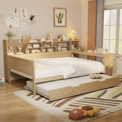 Lit capitaine tout-en-un en bois avec bibliothèque intégrée en forme de U, lit gigogne et bureau latéral pour chambre à coucher