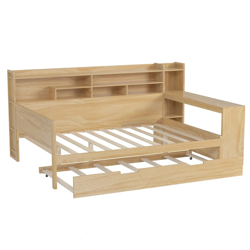 Lit capitaine tout-en-un en bois avec bibliothèque intégrée en forme de U, lit gigogne et bureau latéral pour chambre à coucher