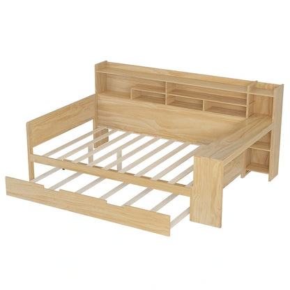 Lit capitaine tout-en-un en bois avec bibliothèque intégrée en forme de U, lit gigogne et bureau latéral pour chambre à coucher