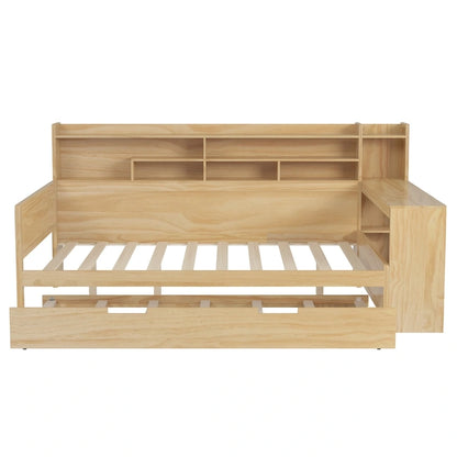 Lit capitaine tout-en-un en bois avec bibliothèque intégrée en forme de U, lit gigogne et bureau latéral pour chambre à coucher