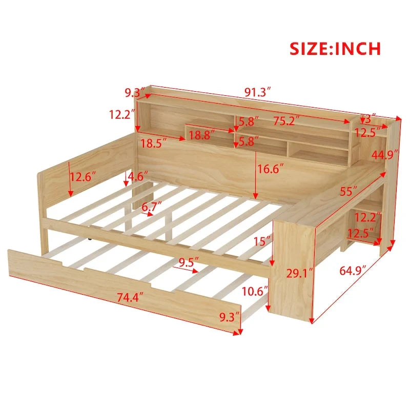 Lit capitaine tout-en-un en bois avec bibliothèque intégrée en forme de U, lit gigogne et bureau latéral pour chambre à coucher