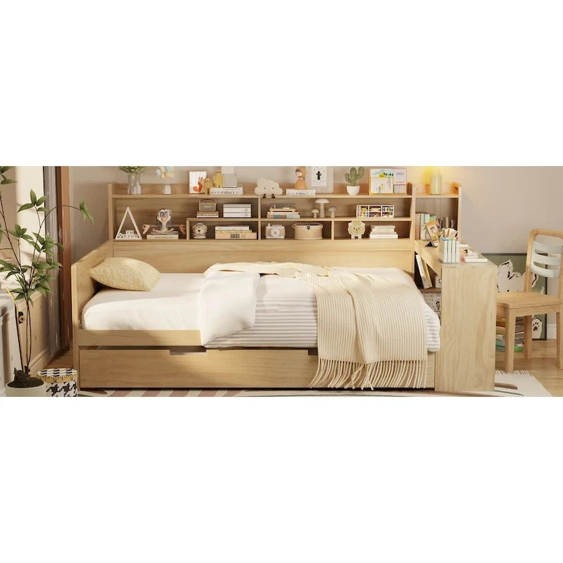 Lit capitaine tout-en-un en bois avec bibliothèque intégrée en forme de U, lit gigogne et bureau latéral pour chambre à coucher