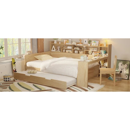 Lit capitaine tout-en-un en bois avec bibliothèque intégrée en forme de U, lit gigogne et bureau latéral pour chambre à coucher
